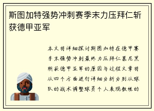 斯图加特强势冲刺赛季末力压拜仁斩获德甲亚军