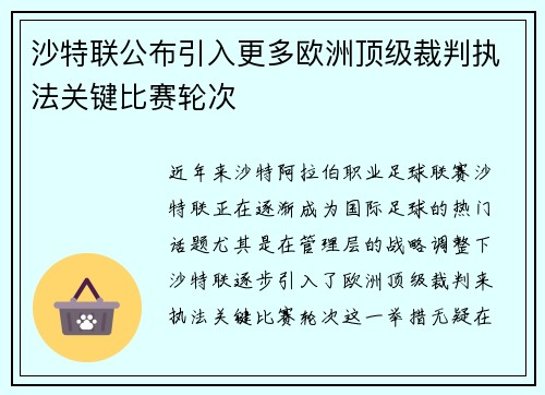 沙特联公布引入更多欧洲顶级裁判执法关键比赛轮次